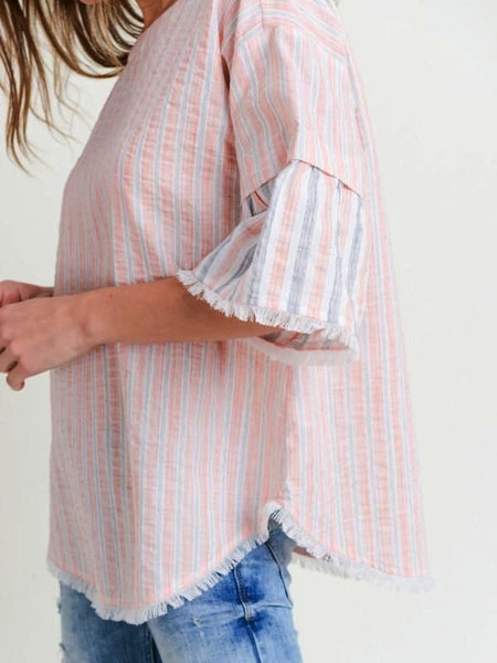 Apricot Stripe Ruffle Sleeve Frayed Edges Top
