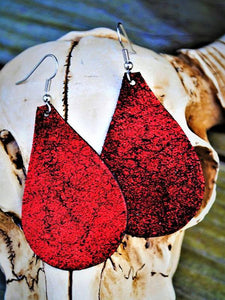 " Rockstar " Red Glitter Crackle Cowhide Leather Teardrop Earrings Approx. 3"