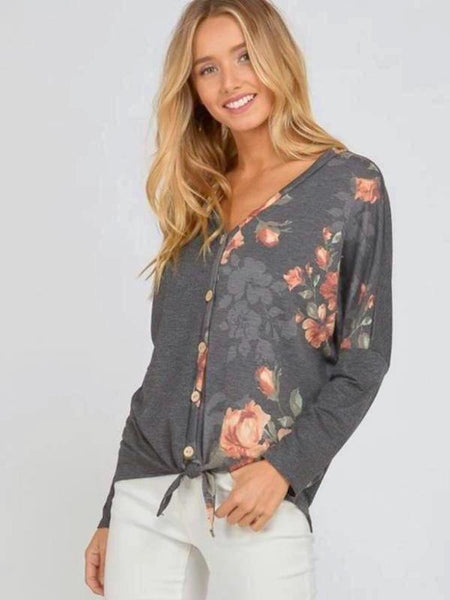 Charcoal Button Up Floral Printed Long Sleeve Top With Tied Bottom Detail