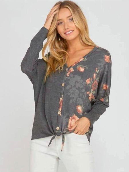 Charcoal Button Up Floral Printed Long Sleeve Top With Tied Bottom Detail