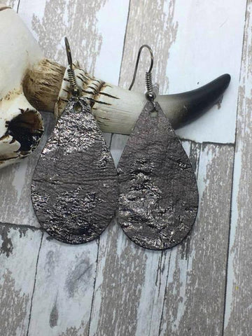 Gunmetal Acid Washed Faux Leather Small Teardrop Earrings