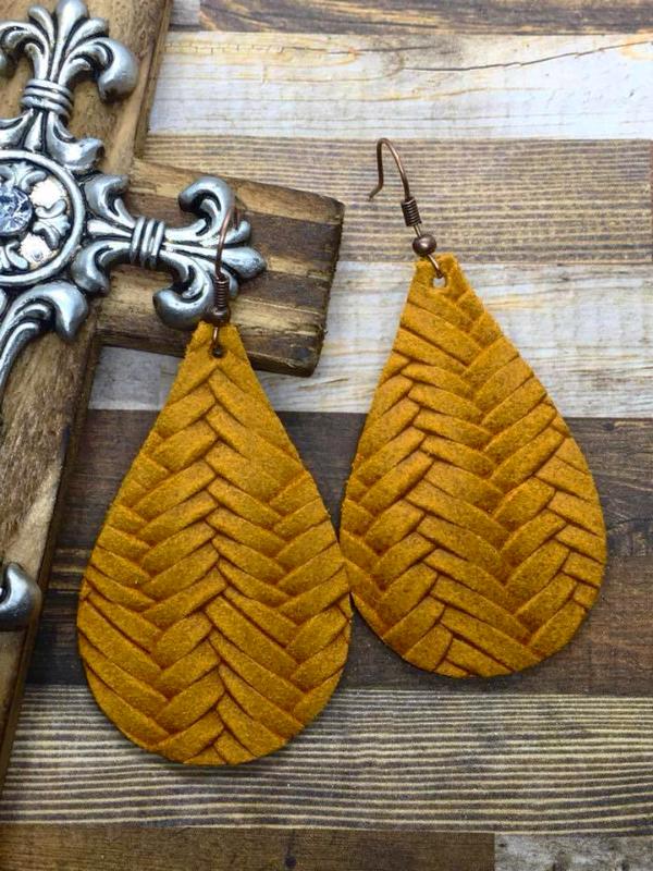 Mustard Fishtail Braided Italian Leather Teardrop Earrings