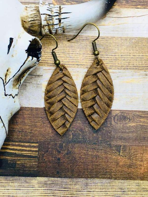 Saddle Brown Fishtail Braided Italian Leather Mini Leaf Earrings
