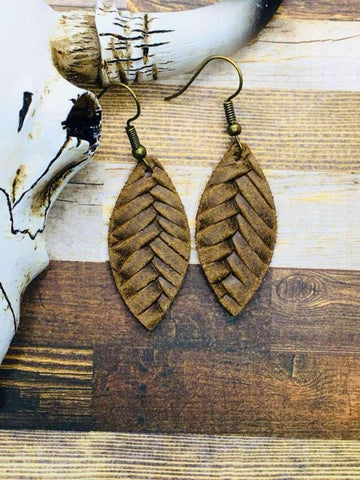 Saddle Brown Fishtail Braided Italian Leather Mini Leaf Earrings