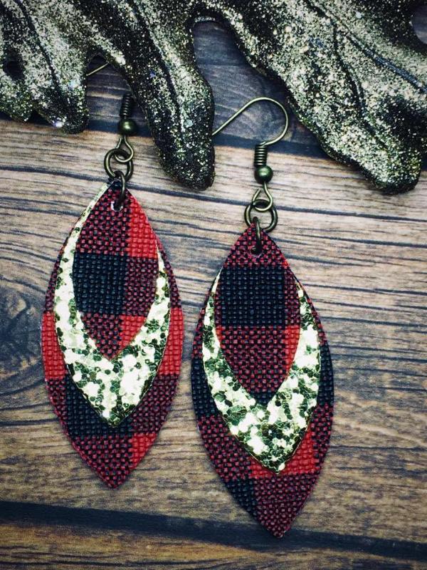 Gold Glitter Canvas Buffalo Plaid Leather Triple Stacked Leaf Earrings