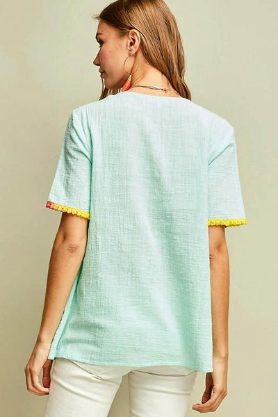 Peasant Embroidered Top With Colorful Stripe Bib Design
