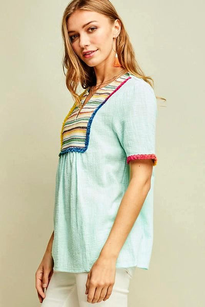 Peasant Embroidered Top With Colorful Stripe Bib Design