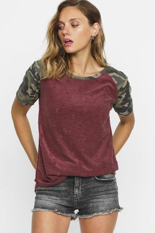 Burgundy Distressed Knit Top With Short Camo Sleeves