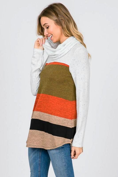 Rust Multi Color Block Turtle Neck Long Sleeve Top