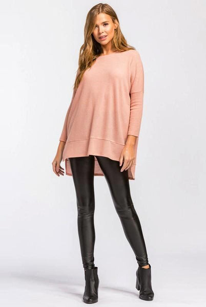Mauve Boxy Fit, Round Neck, Long Sleeve Hi-Low Top