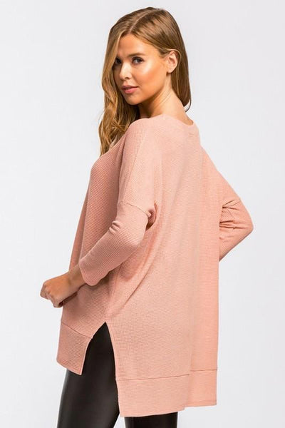 Mauve Boxy Fit, Round Neck, Long Sleeve Hi-Low Top