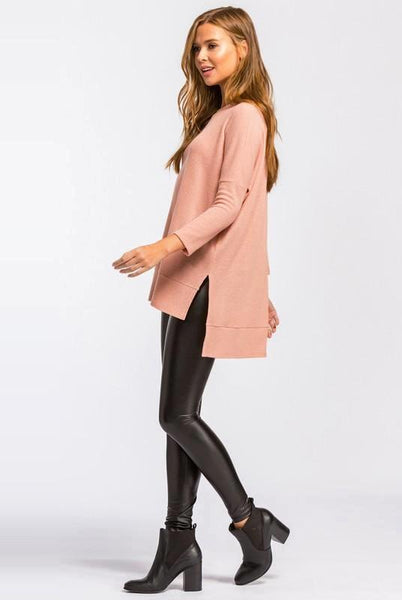 Mauve Boxy Fit, Round Neck, Long Sleeve Hi-Low Top