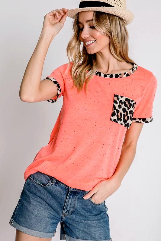 Neon Coral Animal Print Pocket Top