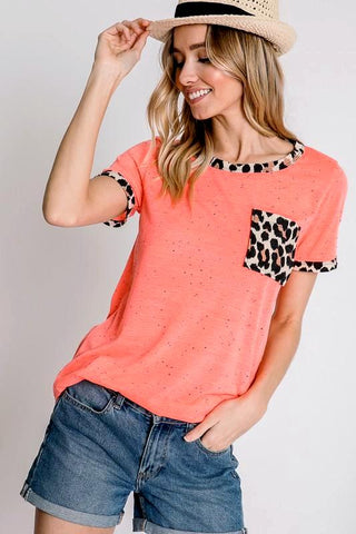 Neon Coral Animal Print Pocket Top
