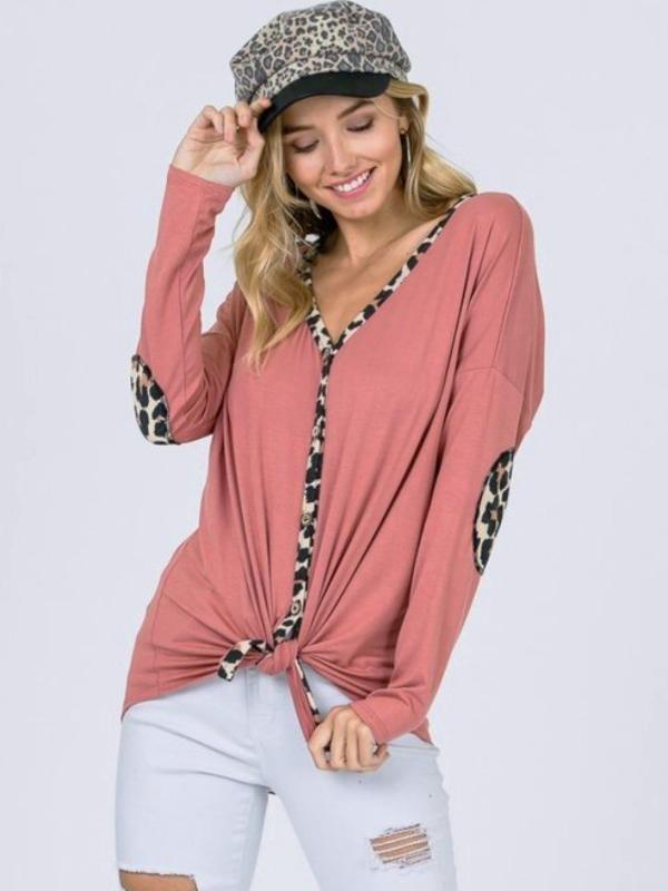 Light Brick Leopard Long Sleeve Tie Front Top