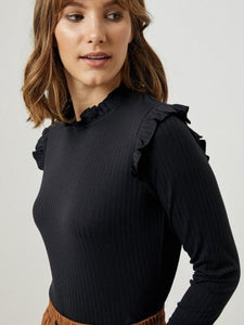 Black Ribbed Ruffle Mock Neck Top