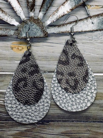 Gunmetal/Silver Leopard Faux Leather Stacked Teardrop Earrings
