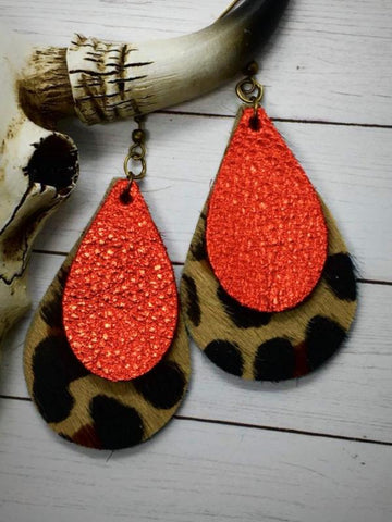 Hair On Leopard & Metallic Red Cowhide Leather Stacked Teardrop Earrings