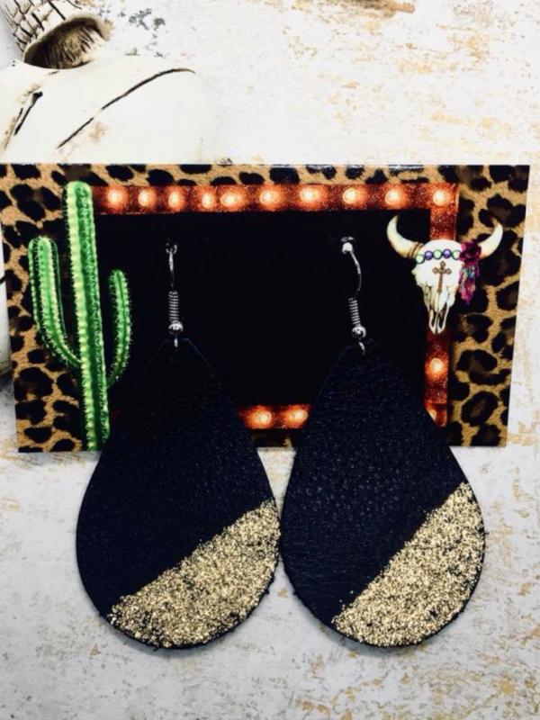 Black Cowhide Leather With Gold Dipped Glitter Earring