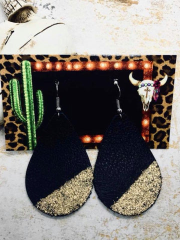 Black Cowhide Leather With Gold Dipped Glitter Earring