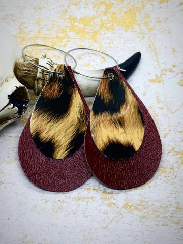 Leopard & Burgundy Faux Leather Stacked Teardrop Earrings