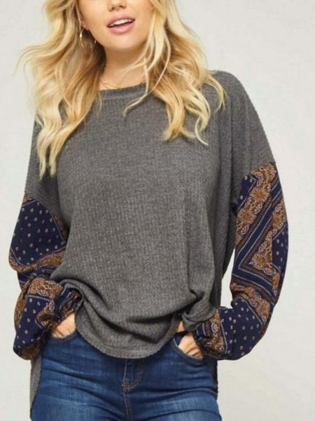 Charcoal/Navy Waffle Knit Top Featuring Contrast Floral Pattern Long Sleeves
