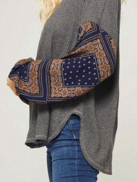 Charcoal/Navy Waffle Knit Top Featuring Contrast Floral Pattern Long Sleeves