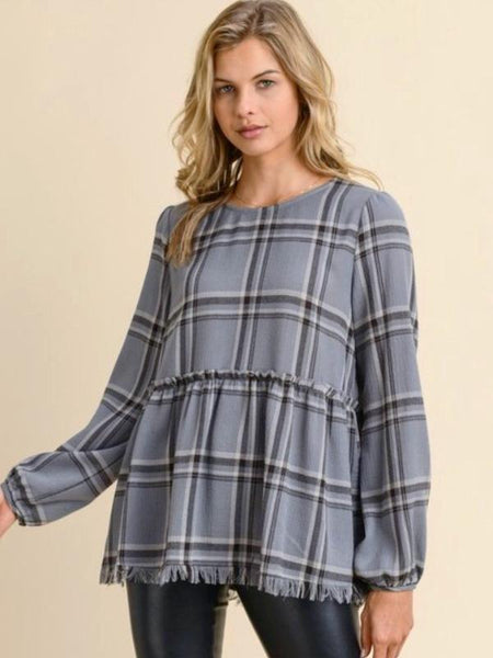 Charcoal Plaid Peplum Top w/Frayed Edges
