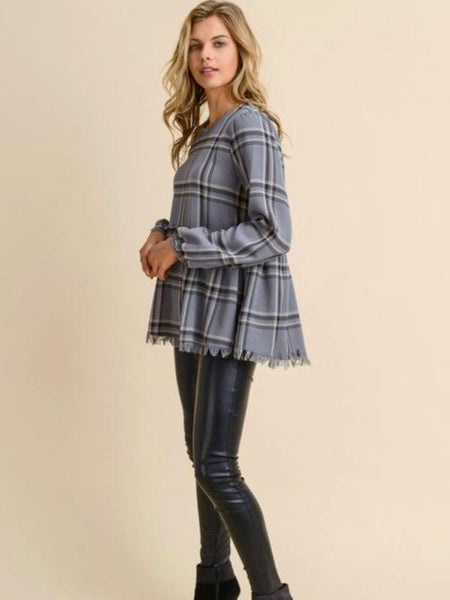Charcoal Plaid Peplum Top w/Frayed Edges