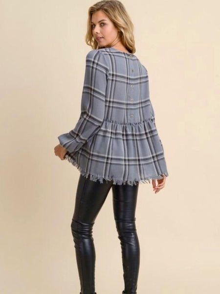 Charcoal Plaid Peplum Top w/Frayed Edges