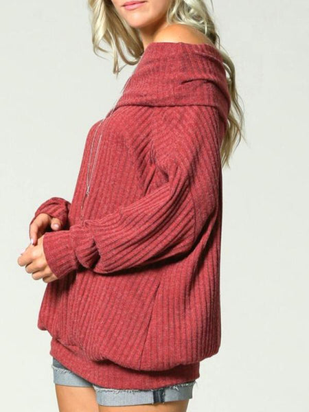 Wine Ribbed Knit Pullover Long Sleeve Off Shoulder Top