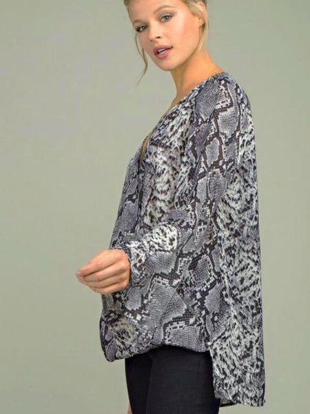 Grey Snakeskin Long Bell Sleeve Blouse