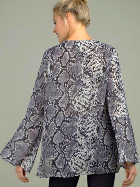 Grey Snakeskin Long Bell Sleeve Blouse