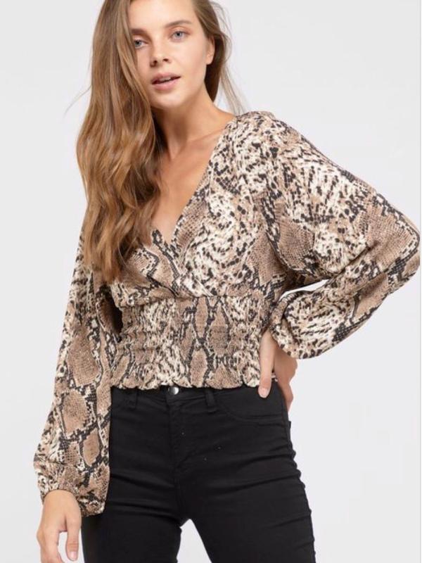 Brown Animal Print Smocked Waist Long Sleeve Top