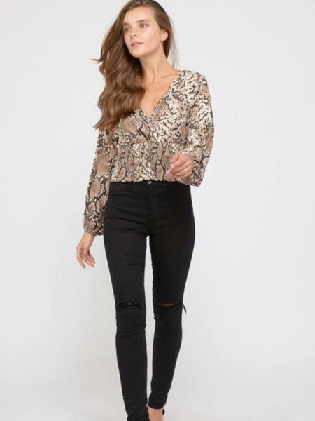 Brown Animal Print Smocked Waist Long Sleeve Top