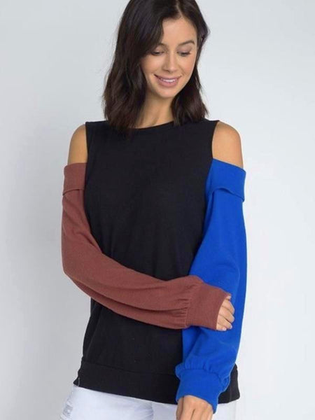 Black Color Block Open Shoulder Sweater Top