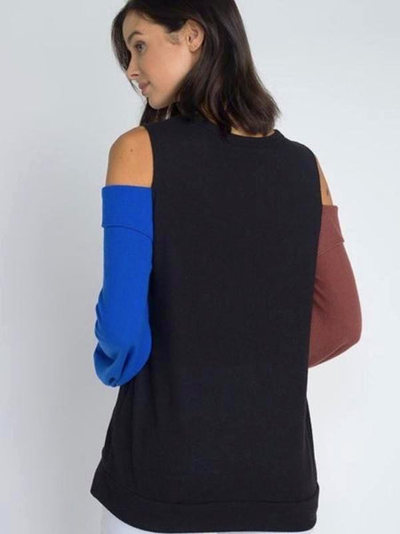 Black Color Block Open Shoulder Sweater Top