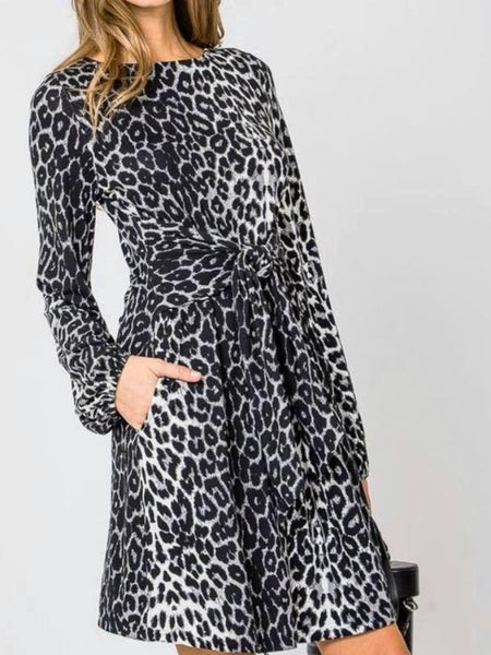 Grey/Black Long Sleeve Dress With Bow Tie Waist Detail