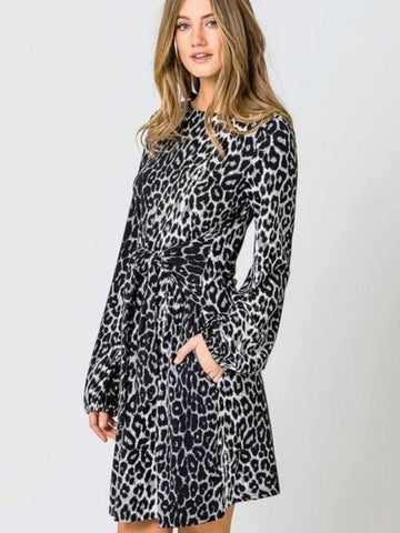 Grey/Black Long Sleeve Dress With Bow Tie Waist Detail