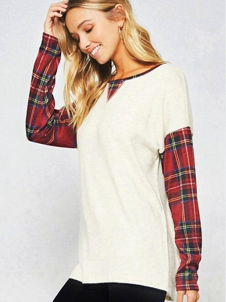 Wine/Oatmeal Plaid Pattern Brush Knit Sweater