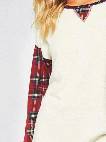 Wine/Oatmeal Plaid Pattern Brush Knit Sweater