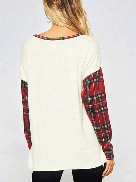 Wine/Oatmeal Plaid Pattern Brush Knit Sweater