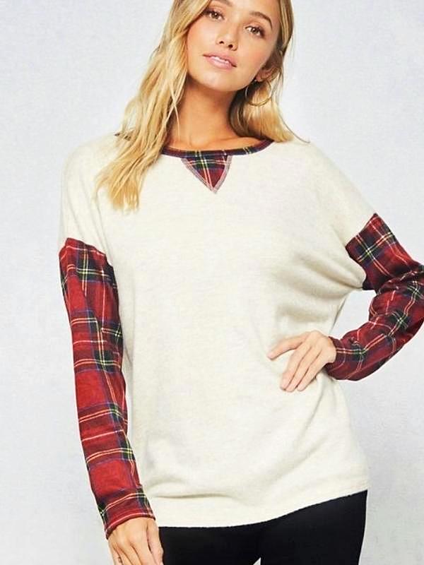 Wine/Oatmeal Plaid Pattern Brush Knit Sweater