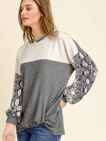 Oatmeal/Charcoal Long Puff Sleeves With Twisted Hem Top