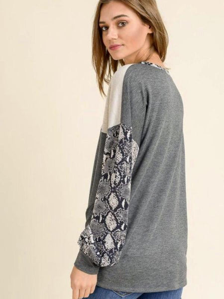 Oatmeal/Charcoal Long Puff Sleeves With Twisted Hem Top