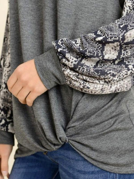 Oatmeal/Charcoal Long Puff Sleeves With Twisted Hem Top
