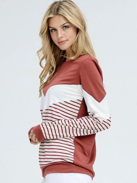 Rust Long Sleeve Solid Knit Top Featuring Chevron Striped Design