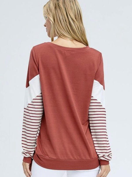 Rust Long Sleeve Solid Knit Top Featuring Chevron Striped Design