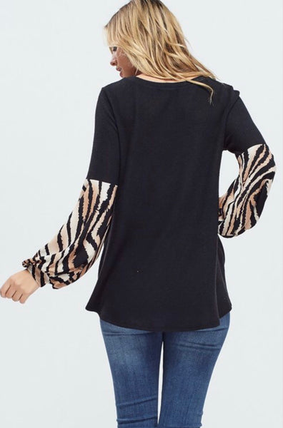 Black Solid Knit Sweater with Tiger Print Long Puff Sleeves