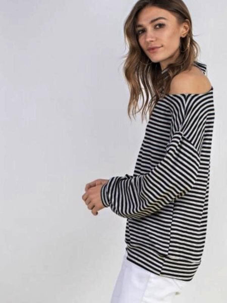 Black Striped French Terrry Mock Neck Open One Shoulder Top